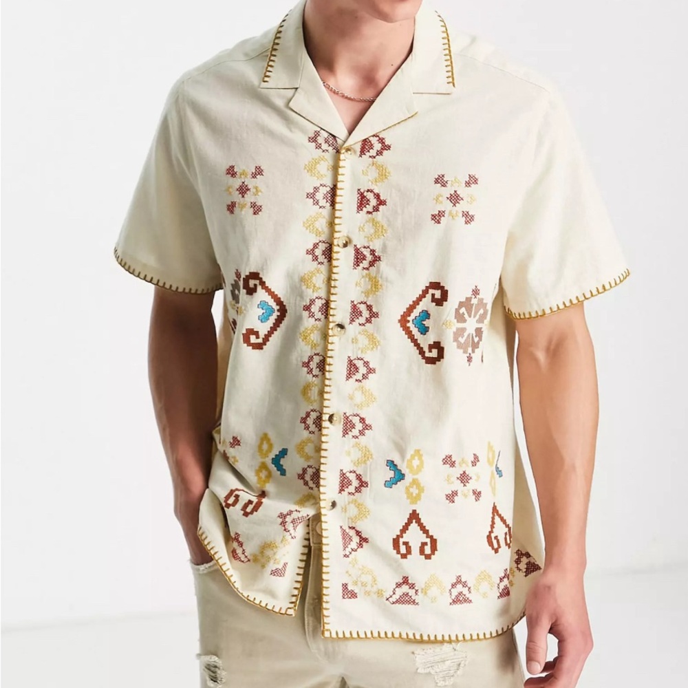 ASOS DESIGN relaxed revere shirt in linen mix with embroidered border Men’s SZ L - Picture 12 of 15